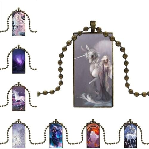 Last Unicorn For Women Jewellery Glass Cabochon Pendant Necklace Rectangle Fashion Necklace