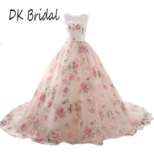 DK Bridal Ball Gown Wedding Dresses Lace Appliques Beaded Prom Long Floral Print 3D Flower Dress Pink DK1905