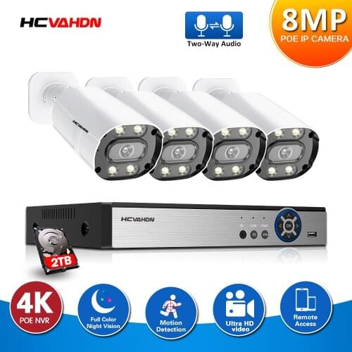 Full color night 4k NVR Kit 4CH POE Camera System Human/Face Detection Two-way Audio Ai IP Camera Outdoor Security Camera