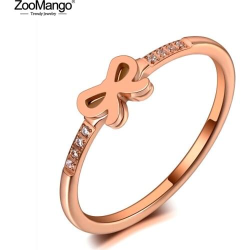 ZooMango Original Design Titanium Stainless Steel Bowknot Ring Jewelry Rose Gold Mosaic CZ Crystal Party Rings For Girls ZR19149