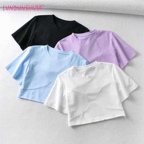 LUNDUNSHIJIA 2021 Summer New O Neck Crop Top Short Sleeves T Shirt Comfortable Fitting Hem Drawstring Top
