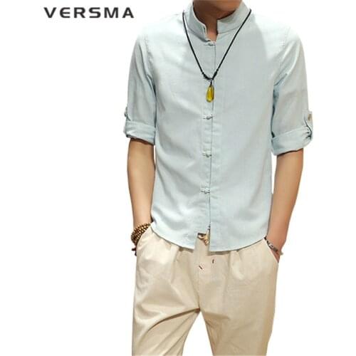 VERSMA Summer Linen Shirts Men Solid Casual Shirt Blouse Camisa Masculina Brand-clothing Chemise Homme 3/4 Sleeve Linen Shirt