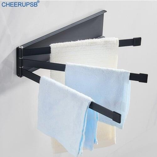 Towel Hanger Bathroom Towels Bar Wall Folding Rack Rotating Matt Black White Rail Washroom Adhesive Shelf Hotel Support 3 Bars
