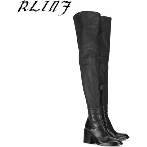RLINF Autumn and Winter Thick with High Heel Leather Elastic Boots Over The Knee Boots