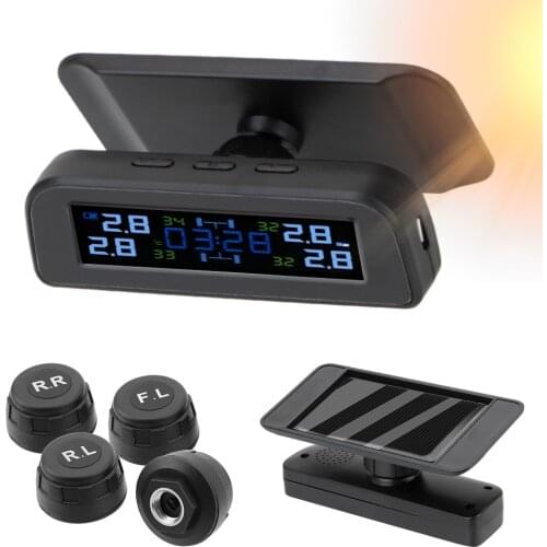 Solar TPMS With Digital Clock​ Temperature Warning Fuel Save Tire Pressure Monitoring System With 4 External Sensors
