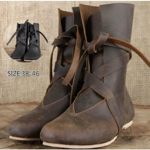 Medieval Women Elf Princess Noble Lace Up Single Shoes Carnival Men Knight Prince Leather Boots Prop Halloween Cosplay Costume