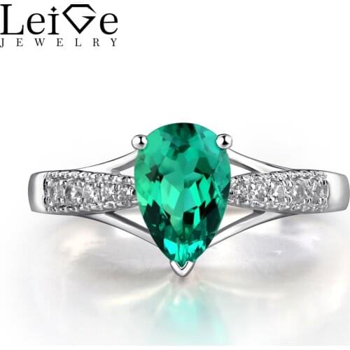 Leige Jewelry Tear Drop Shape Emerald Ring Green Gemstone Engagement Rings for Women Silver 925 Jewelry May Birthstone