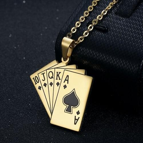 Vintage Straight Flush Pendant Necklace Silver Color Chain Poker Necklaces For Men Women Hip Hop Jewelry