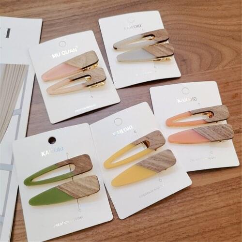 Candy Color Patchwork Geometric Wood Acrylic Hair Clips Women Girls Hollow Waterdrop Hairpin Barrettes