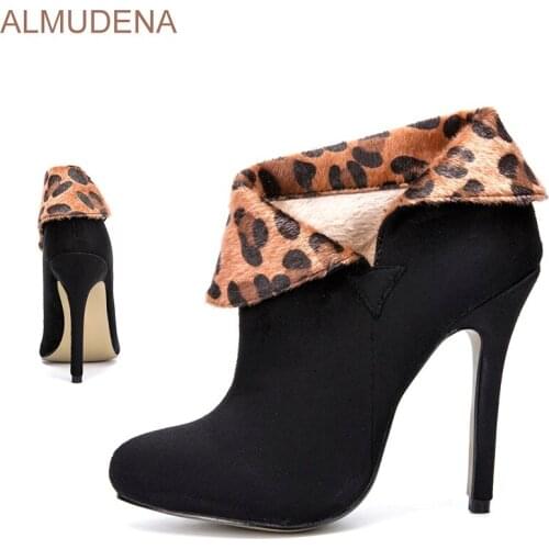 Suede Leopard Print Slip-on Thin High Heel Ankle Boots Black Fashion Sexy Basic Women Shoes
