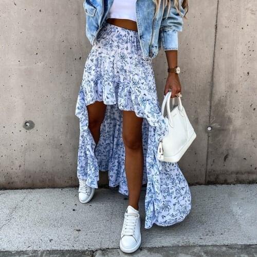 Fashion Bohemian Irregular Women Long Skirt Summer Beach Style Floral Printed High Waist Casual Skirt Ins Ladies Skirt