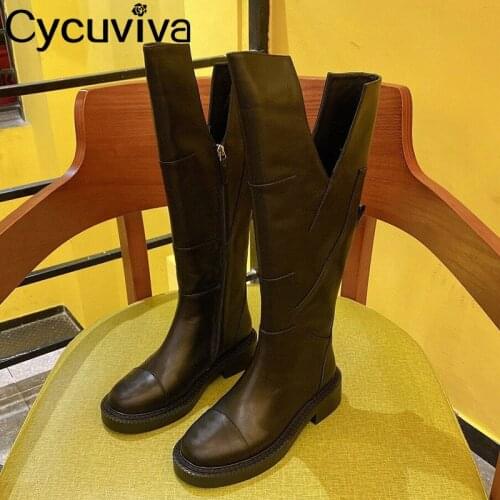 Luxury Brand Real Leather Cut Boots Women Shoes Zip Round Toe Square Heel Botas Knee-high Riding Boots For Women Winter Shoes