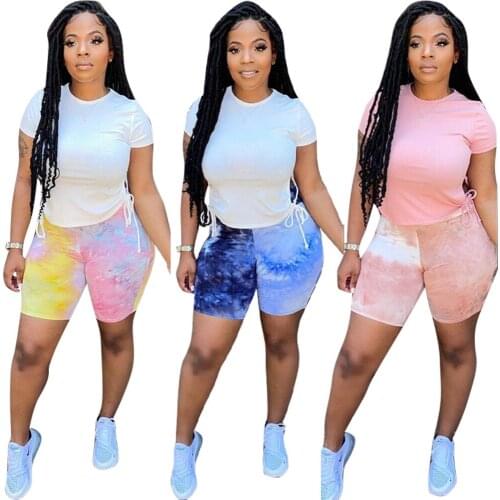 Summer Tie Dye Shorts 2 Pieces Sets Sexy Drawstring Knitted Top and Broadcloth Biker Shorts Woman Outfit 2021 Sexy Clothes