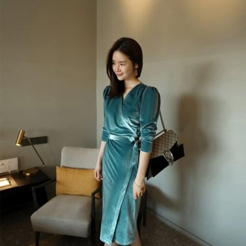 Fashion women comfortable slim solid basic dress new arrival OL v-neck transparent temperament velvet loose sash pencil dress