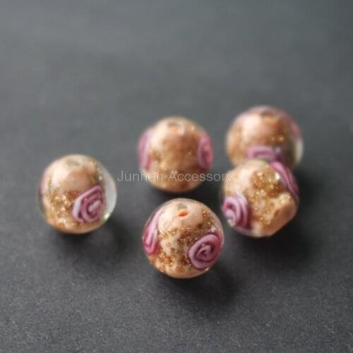 10Pcs/Lot 10mm 12mm Handmade Lampwork Flower Beads Champagne Color With Gold powder Japanese Style for jewelry