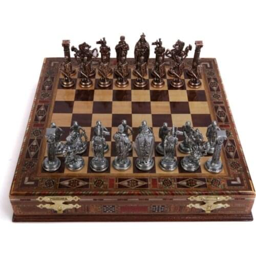 5 No. BRITISH Antique Copper Chess pieces and Solid Wood Crated Chess Board High Quality Elite Product