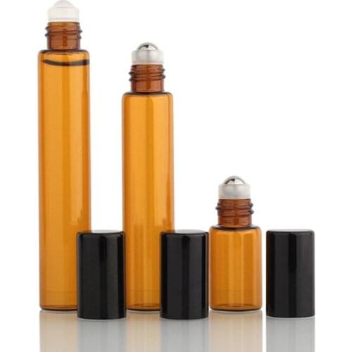 500Pieces/lot 10ML Portable Amber Essential Oil Bottle Roll on Perfume Bottle Mini Metal Ball Roller Brown Essential Oil Bottles