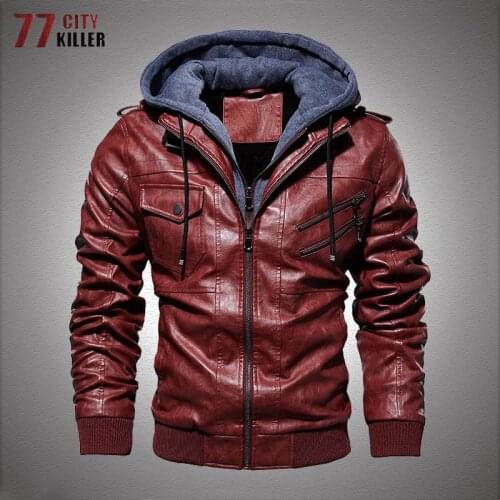 Vintage Motorcycle Jacket Men Winter Fleece Bomber Leather Jackets Thick Coats Male Military Warm PU Leather Hooded Outerwear