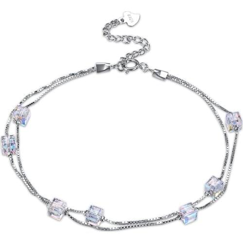 SILVERHOO 925 Sterling Silver Bracelets For Women Geometric Square Austria Crystal Adjustable Charm Bangle Bracelet Jewelry Gift