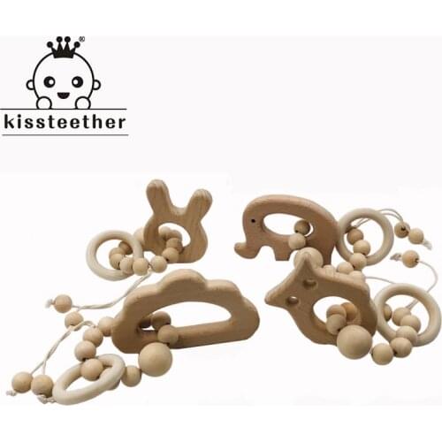 Baby Teether Bracelet Beech Wooden Animal Natural Teething Grasping Toy Silicone Bead Toddler Teether Newborn DIY Baby Gift