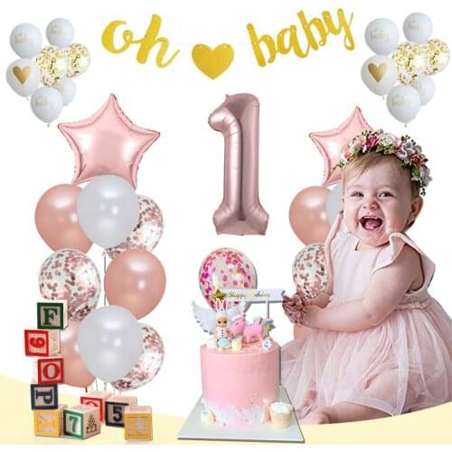 Baby 1st Happy Birthday Rose Gold Balloon My 1 One Year Banner Party Decorations Kids Baby Boy Girl Garland Backdrop Balloons