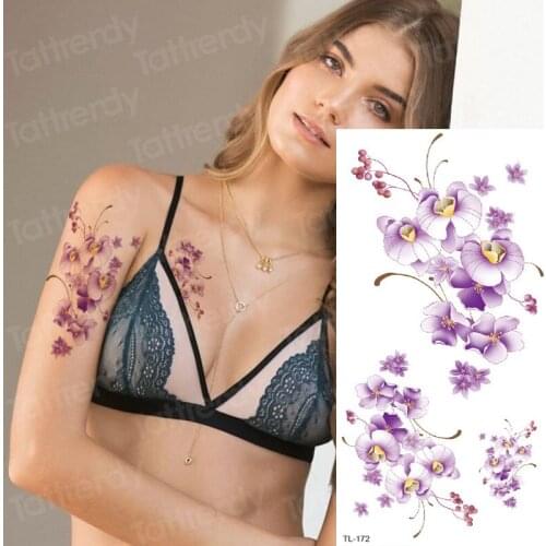 Violet tattoo sticker arm flower purple romantic sexy girls body art Sternal patch sternum temporary tattoo cute tattoo for girl