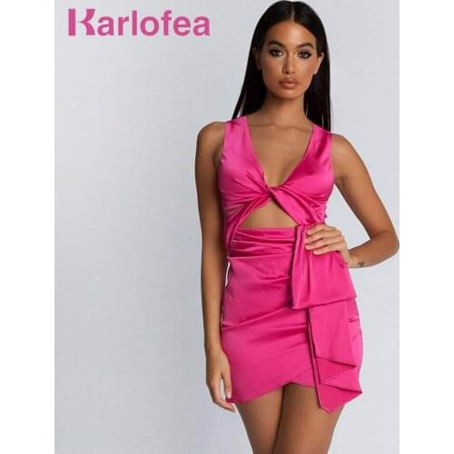 Karlofea Lady Girls Hot Pink Satin Mini Dress Sexy Cross V Neck Sleeveless Drape Dress Spring Daily Outfits Elegant Club Dresses