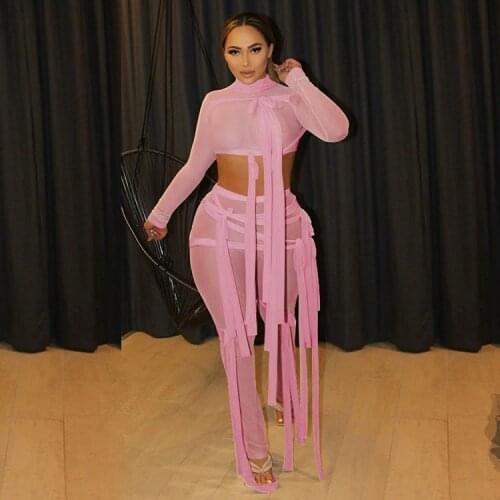 Echoine Sheer Mesh Bandage Crop Top Legging Pants See Through Two Piece Set Club Outfits Sexy Skinny Bodycon Matching Set