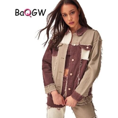 BaQGW Casual Color Contrast Women Denim Coat Buttons Pockets Female Jacket Coat Streetwear Ladies Autum Blend Coats Outerwear