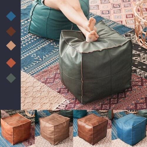Moroccan PU Leather Pouf Cushion Cover Embroider Craft Sofa Ottoman Footstool Large 43cm Artificial Leather Unstuffed Cover