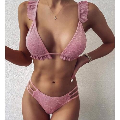 MYTENG Sexy Solid Color Glitter Swimwear Women Bikinis Ruffle Frill Two Piece Bathing Suit High Cut Beachwear Swimsuit Biquini
