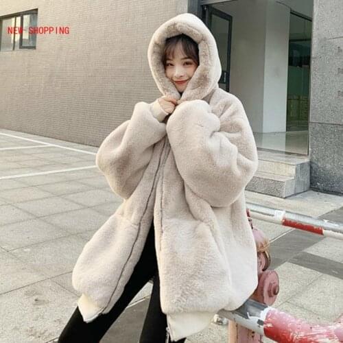 New Winter Fashion Thick Warm Faux Rabbit Fur Coat Women New Long Sleeve Hooded Soft Fluffy Fur Jacket Oversized Overcoat White