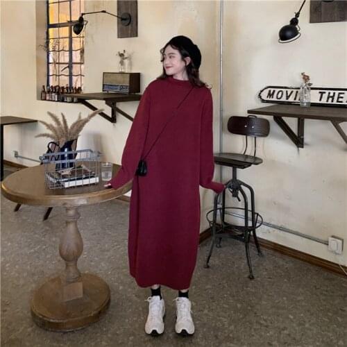 New lazy loose and versatile round neck medium length high collar woolen dress