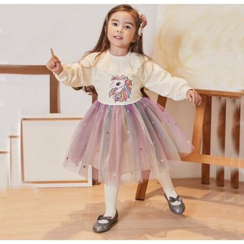 2020 Autumn/Winter New Children Clothing Korean Cartoon Fashion Dress Girls Sweater Stitching Lace Princess Dress Baby Clothes