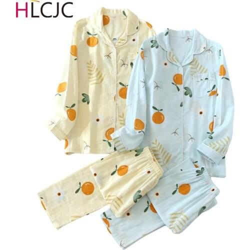 2021 Women Spring And Autumn Citrus Printed Pajamas Set Comfort Breathable Sleepwear Ladies Fresh Style Full Sleeve House Wear