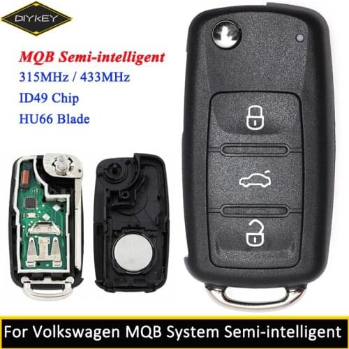 DIYKEY MQB Semi-intelligent Modified Remote 315MHz / 434MHz ID49 Chip for Volkswagen Car Key Fob 3 Button with Uncut HU66 Blade