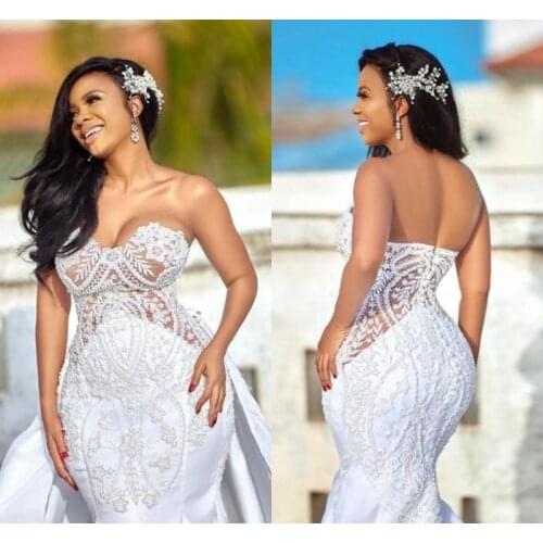 Plus Size Wedding Dresses Custom Detachable Skirts Sweetheart Castle Mermaid Wedding Gowns Appliqued Satin Country Bridal Dress