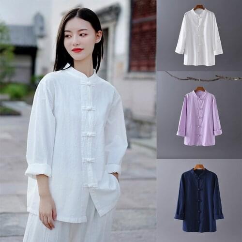 Martial Arts Shirt Linen Solid Kung Fu Cardigan Morning Exercises Tai Chi Wushu Uniform for Women Chinese Style Mandarin Collar