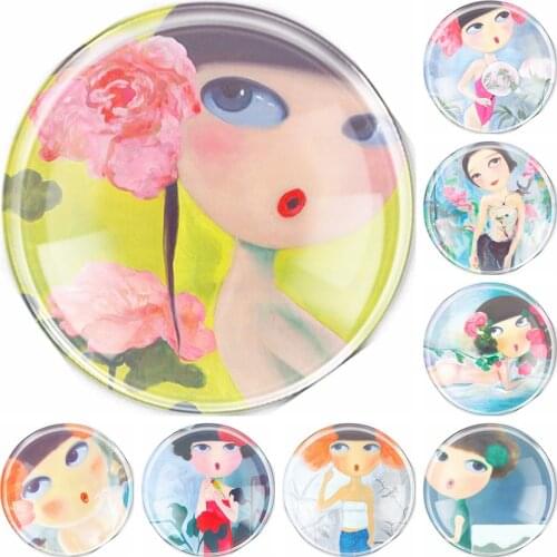 Handmade 6 Size Glass Lttle Girl with Flower Flatback Cameo Cabochon Domed DIY Jewelry Charm Photo Pendant Setting