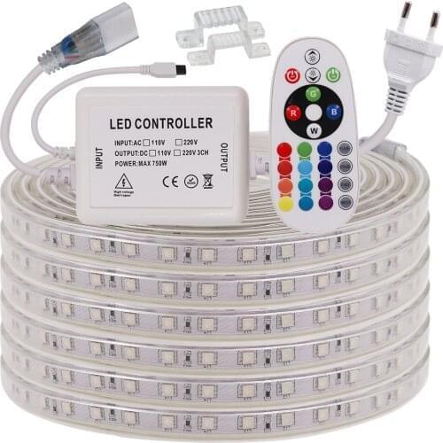 RGB LED Strip Light 220V 5050 SMD Flexible Ribbon Waterproof RGB LED Light 60Leds/m Remote Control Tape Diode Outdoor Lighting