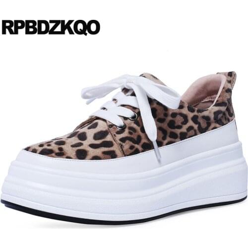 Brown Muffin Women Leopard Print Creepers Platform Shoes Large Size Lace Up Thick Sole Real Leather Wedge Suede Elevator Luxury