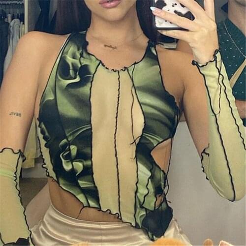 Fashion Y2K Irregular Patchwork Mesh Half Sleeve Women T-Shirts Vintage Style Sexy V-Neck Autumn Streetwear Tee Tops Outfit 2020