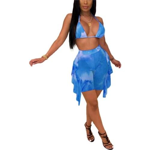 Meihuida Women Bathing Suits Two Piece Swimming Tie-dye Print Triangle Halter Bra + See-through Ruffle Splicing Mesh Pants Suit