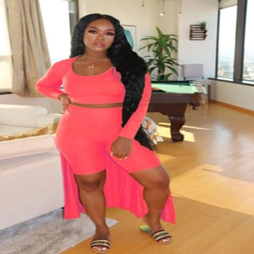 Womens Summer New Casual Vest Short Sleeve Sexy Shorts Tight Crew Neck Long Sleeve Super Long Coat Womens Three Piece Set