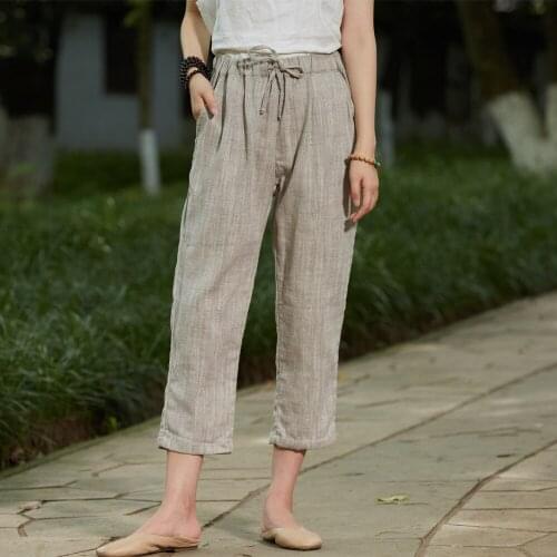 Women Spring Autumn Cotton Linen Elastic Waist Pants Ladies Vintage 2020 Summer Pencil Trousers Female Pants