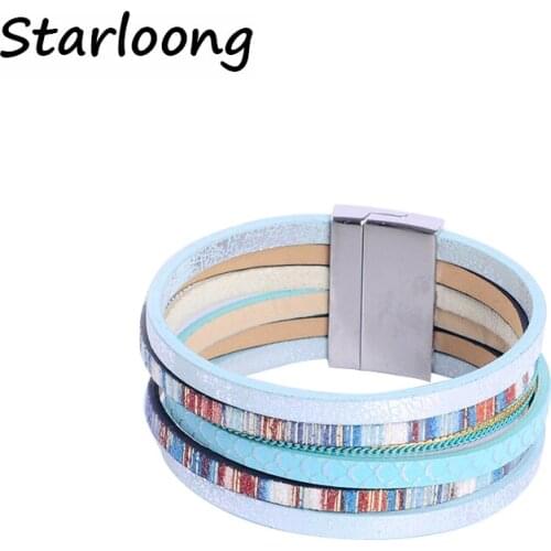 Bohemia Blue Multi-layer PU Leather Bracelet Metal Magnetic Clasp Women Wrap Masculina bijoux Bracelet Pulsera Fashion Jewelry