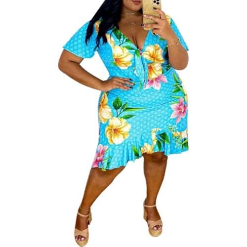 Plus Size Dress 5xl Fashion V Collar Long Sleeve Waistband Beach Casual Style Print Elegant Summer Dress Wholesale Dropshipping