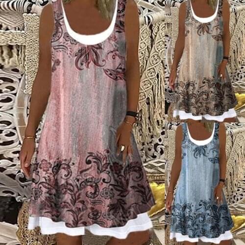 Camisole Patchwork Pink Print Dig Hem Summer Women Mini Dress O-Neck Loose Waist Vintage A-line Sleeveless Ladies Short Dresses
