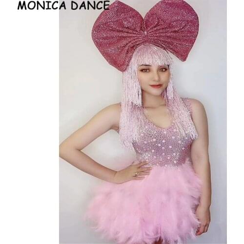 Women Sexy Flashing Rhinestone Pink Feather Backless Short Dress Red Bow Birthday Celebrate Outfit Women Dance Costume Dress