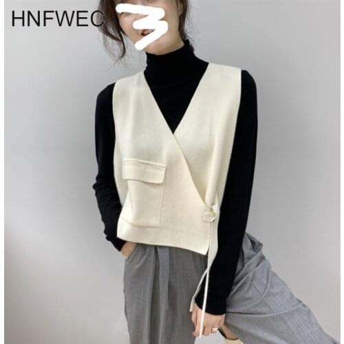 Women sleeve kintted vest 2020 autumn winter kintted waistcoat famale Korean thin style sleeveless tops with pockets tie K320